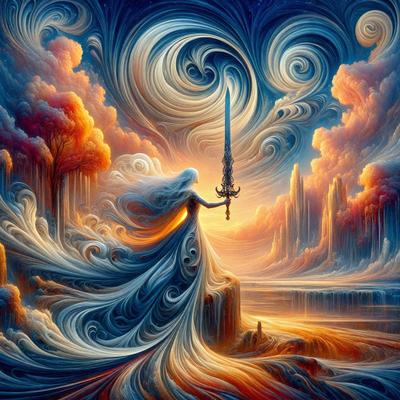 The primary subject of the image is a woman, possibly a mermaid, holding a sword. She is standing in front of a backdrop featuring a mountain, a tree, and a cloudy sky. The visual style of the image is digital art, with the woman and her surroundings depicted in vibrant colors. The overall atmosphere of the image is dramatic and captivating, with the woman's sword and the mountainous landscape creating a sense of adventure and power.